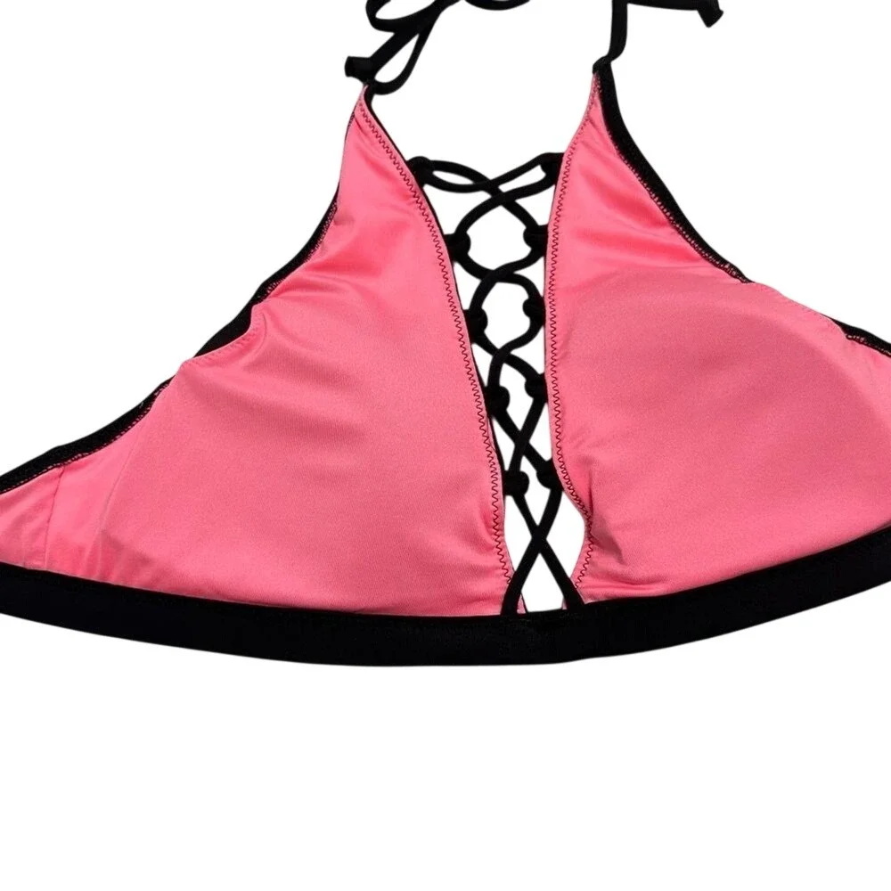 Victoria's Secret PINK Bikini Set Black Lace Up Top Tie Dye Caged Bottoms Small